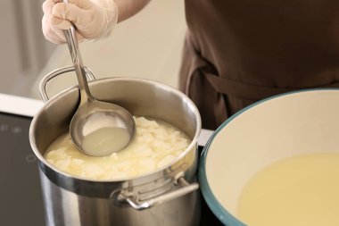 Lezzetli peynir mutfakta, closeup hazırlama kadın