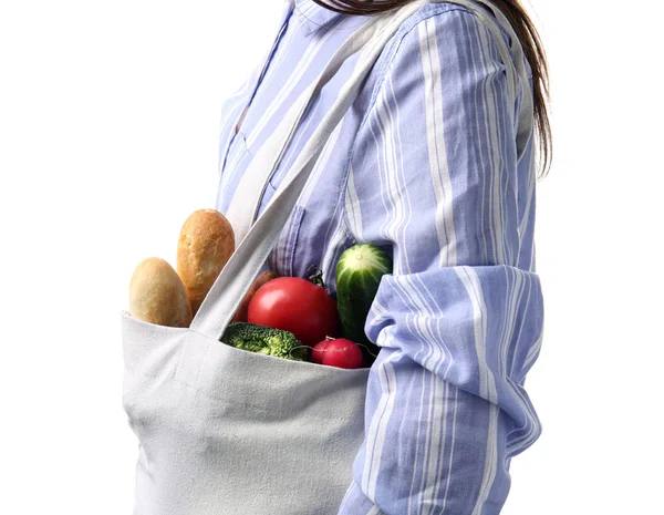 Woman with eco bag on white background — Stock Photo, Image