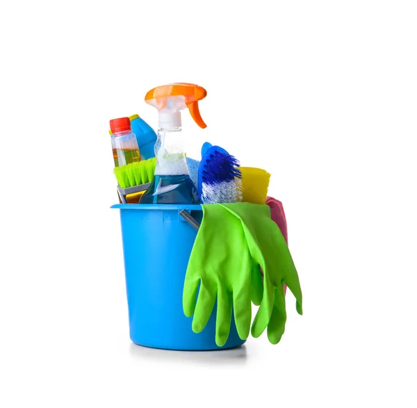 Set of cleaning supplies on white background — Stock Photo, Image