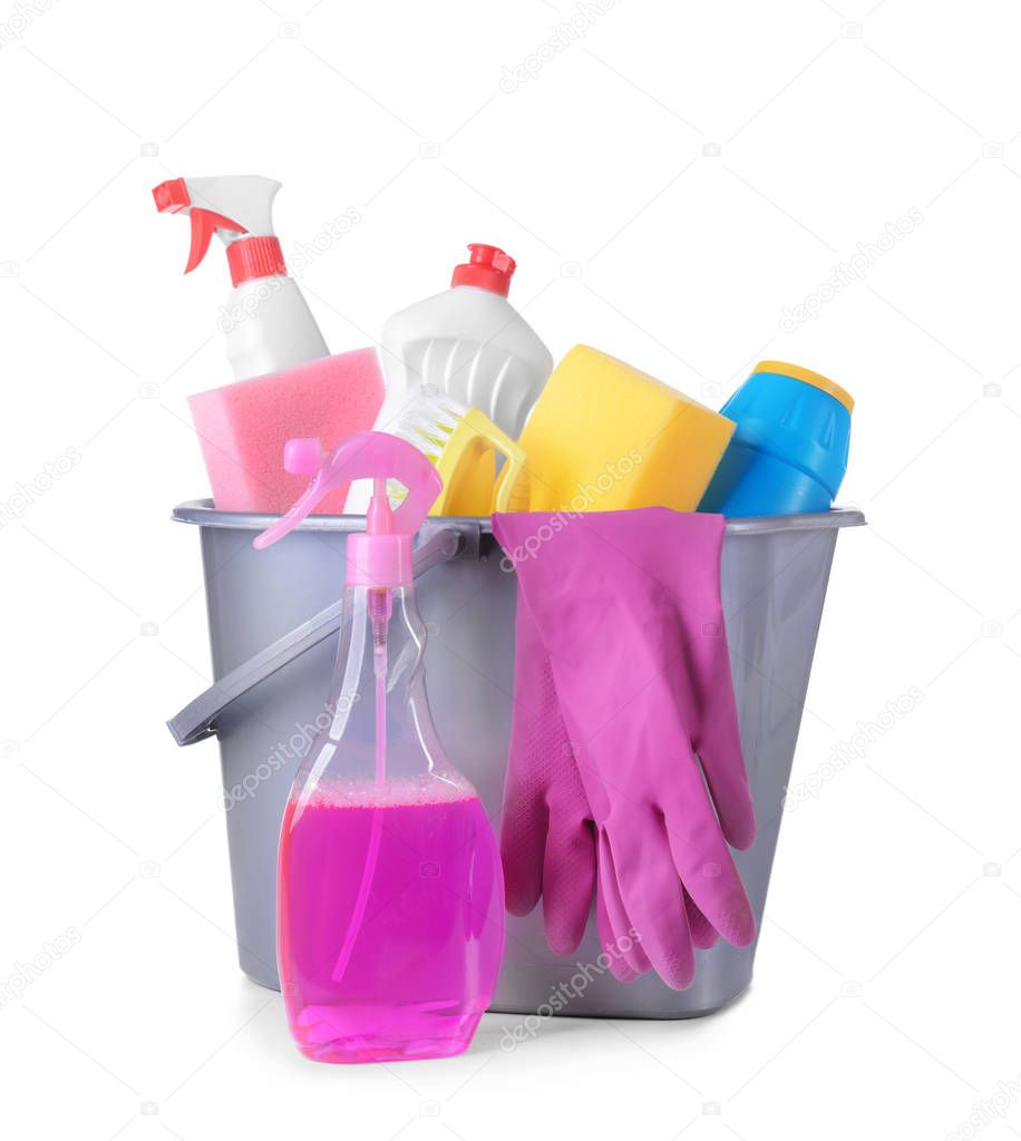 Set of cleaning supplies on white background