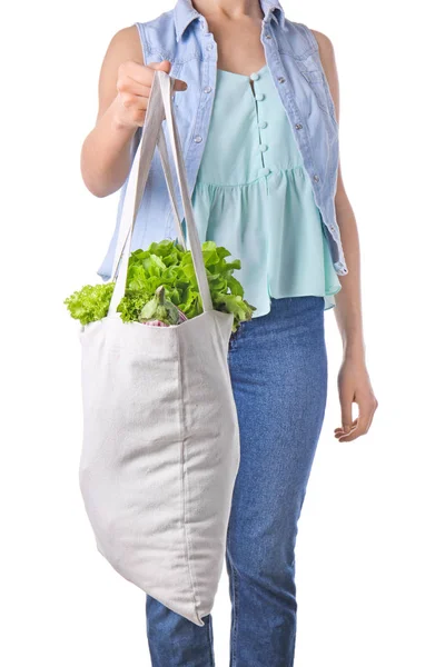 Жінка з еко сумкою на білому тлі — стокове фото