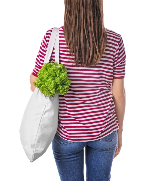 Жінка з еко сумкою на білому тлі — стокове фото