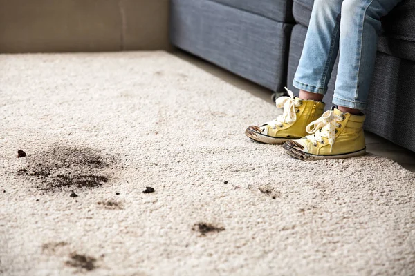 Little girl in muddy shoes messing up carpet at home — Stock Photo, Image