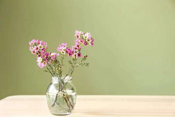 Jar with beautiful flowers on table against color background — Stock Photo, Image