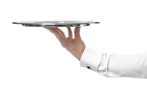 Kellnerhand mit leerem Tablett auf weißem Hintergrund — Stockfoto