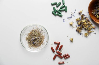 Bitki ile kompozisyon hapları beyaz zemin üzerine dayalı.