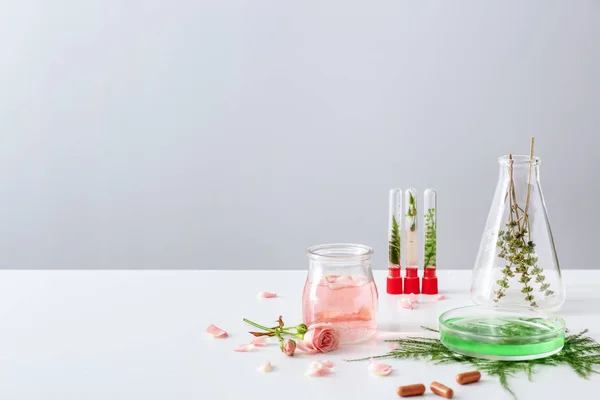 Artículos de vidrio con ingredientes para la fabricación de píldoras a base de plantas en la mesa blanca — Foto de Stock