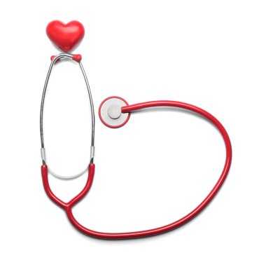 Beyaz arka plan üzerinde stetoskop ve kırmızı kalp. Kardiyoloji kavramı