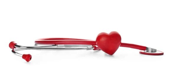Stethoscope and red heart on white background. Cardiology concept — Stock Photo, Image