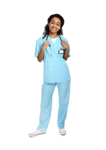 African-American nurse on white background — Stock Photo, Image