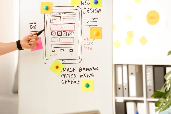 Male IT designer near flipchart with drawn wireframe in office — Stock Photo, Image