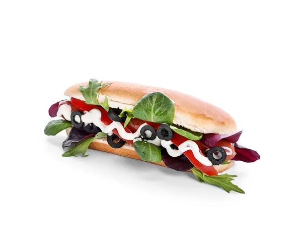 Tasty hot dog on white background — Stock Photo, Image