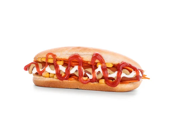 Tasty hot dog on white background — Stock Photo, Image