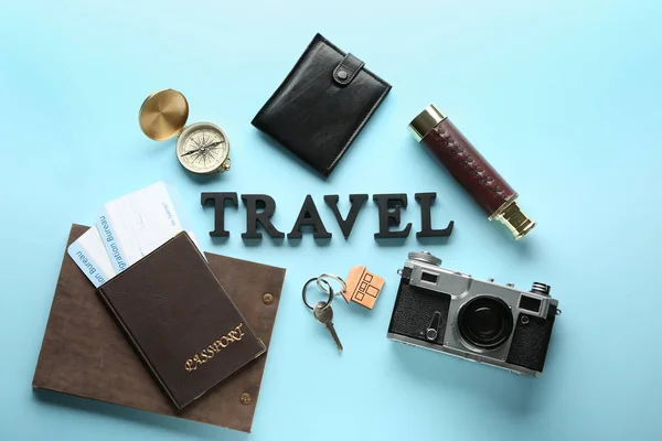 Documents, compass, wallet and photo camera on color background. Travel concept — Stock Photo, Image