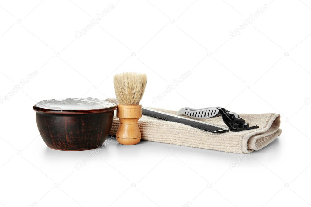 Set of male shaving accessories on white background