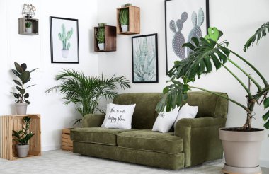 Rahat kanepe ve houseplants modern oda içi
