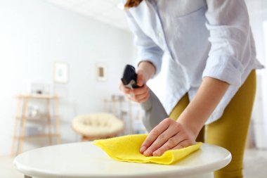 Genç kadın temizlik tablo içinde ev, kapatmak