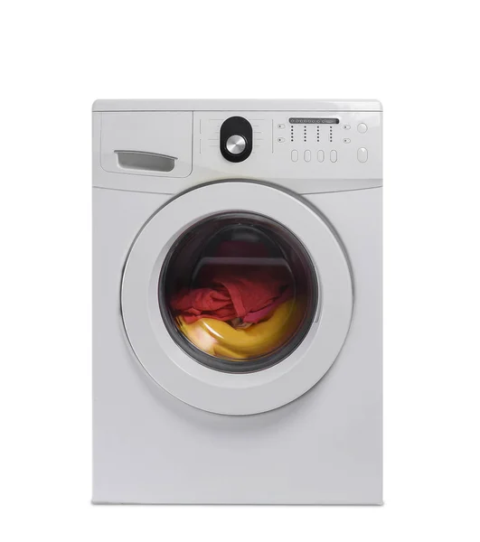 Máquina de lavar roupa moderna em fundo branco — Fotografia de Stock