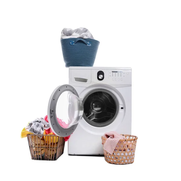 Modern washing machine and laundry on white background — Stock Photo, Image