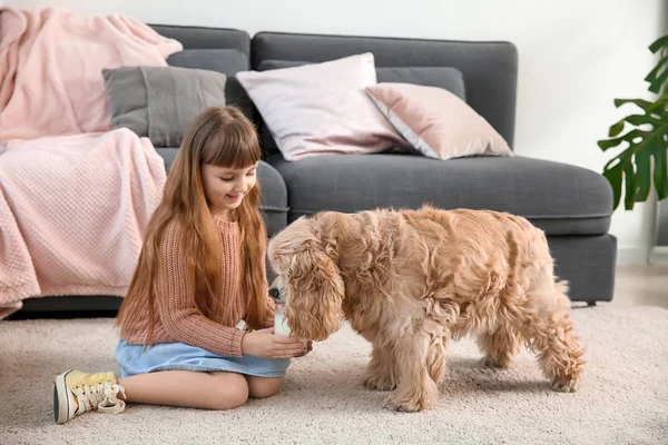 Little girl giving milk to her dog and spilling it on carpet — Stock Photo, Image