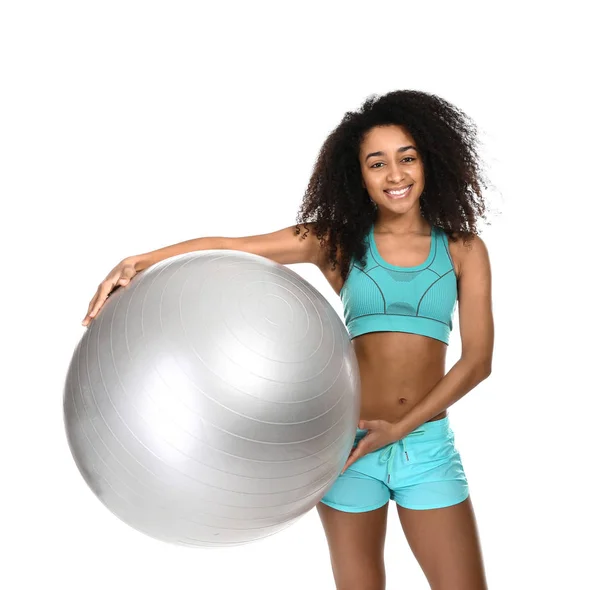 Sporty African-American woman with fitball on white background — Stock Photo, Image