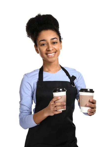 Afro-Amerikaanse barista op witte achtergrond — Stockfoto