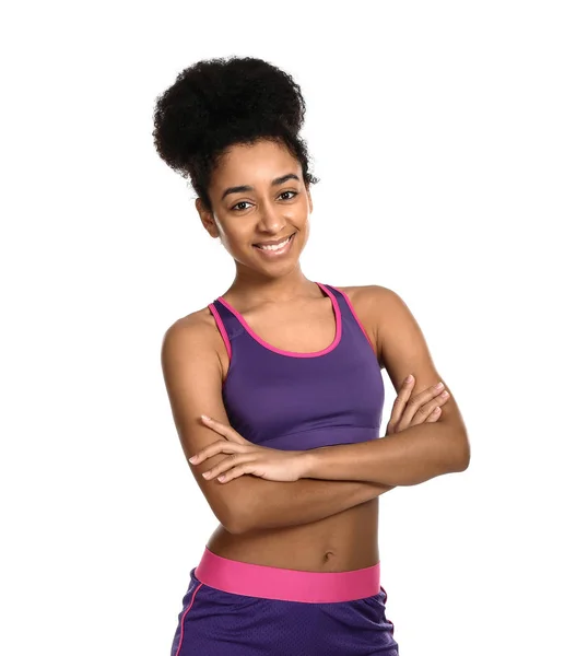 Sporty African-American woman on white background — Stock Photo, Image