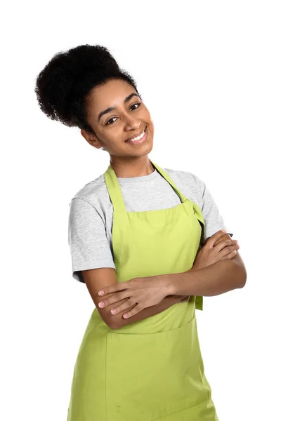African-American woman in apron on white background — Stock Photo, Image