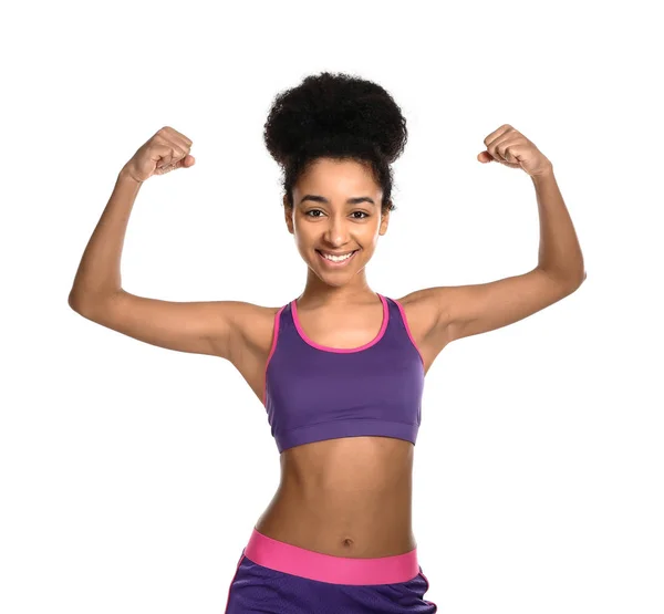 Sporty African-American woman on white background — Stock Photo, Image