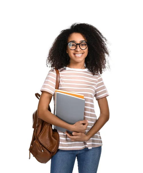 Estudante afro-americano bonito em fundo branco — Fotografia de Stock