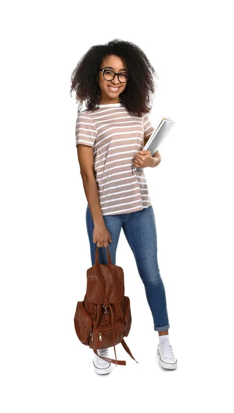 Estudante afro-americano bonito em fundo branco — Fotografia de Stock