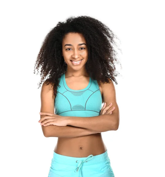 Sporty African-American woman on white background — Stock Photo, Image