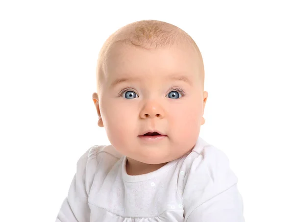 Retrato de bebê adorável menina no fundo branco — Fotografia de Stock