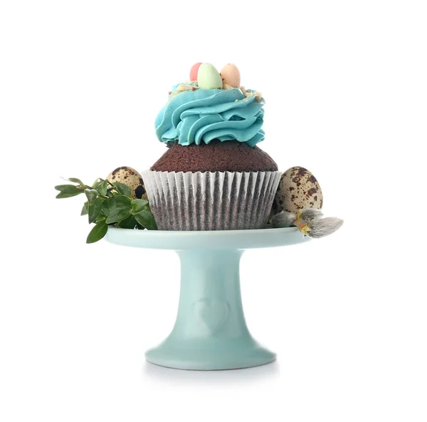 Stand with sweet Easter cupcake on white background — Stock Photo, Image