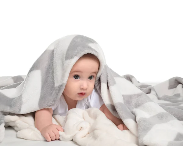 Retrato de menino adorável no fundo branco — Fotografia de Stock