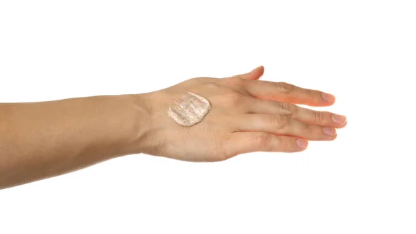 Female hand with sugar scrub on white background — Stock Photo, Image