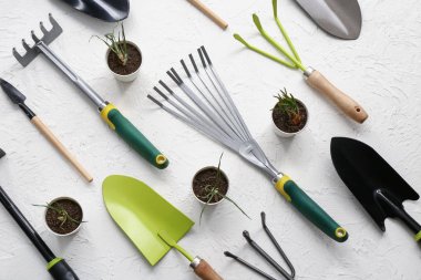Beyaz arka planda farklı bahçe araçları