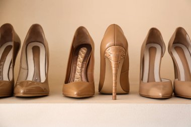 Dükkanda raf üzerinde yeni kadın ayakkabı koleksiyonu
