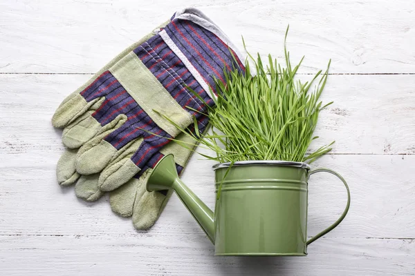 Erba verde con annaffiatoio e guanti sul tavolo bianco — Foto Stock