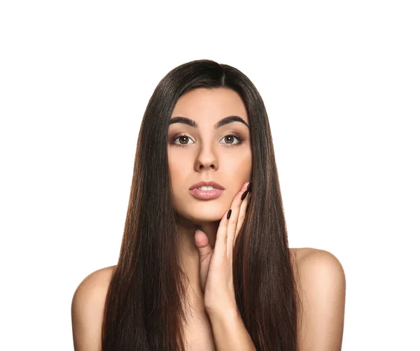 Portrait of beautiful young woman with healthy long hair on white background — Stock Photo, Image