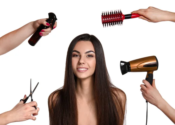 Hermosa mujer joven con cabello largo saludable y manos de peluquero con herramientas sobre fondo blanco —  Fotos de Stock