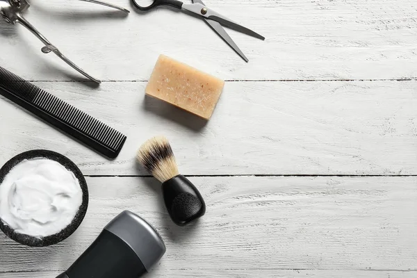 Set of male shaving accessories on white wooden background — Stock Photo, Image