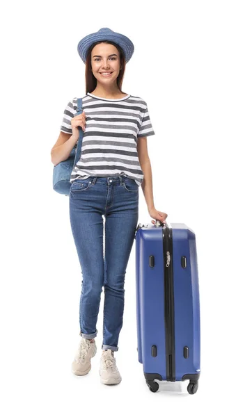 Touriste féminine avec bagages sur fond blanc — Photo