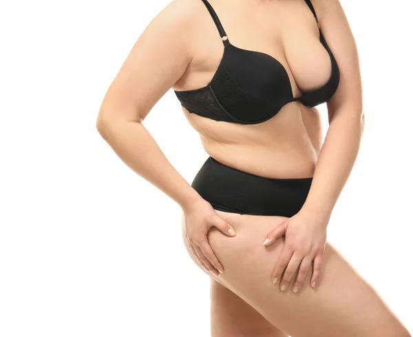 Mulher com excesso de peso no fundo branco — Fotografia de Stock