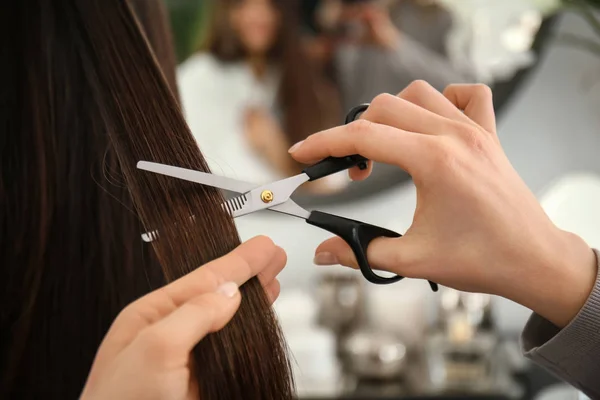 Hairdresser cutting long hair of young woman in salon — Stock Photo, Image