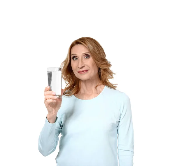 Mature woman with glass of water on white background — Stock Photo, Image