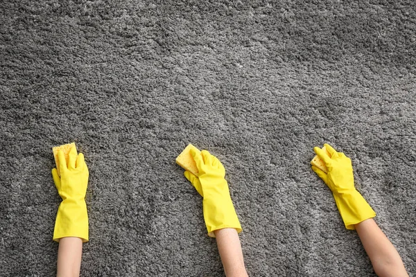 Kéz szivacsokkal tisztító lágy szőnyeggel — Stock Fotó