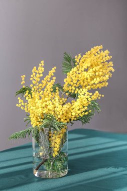 Masada güzel mimoza çiçekleri olan vazo.