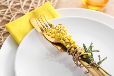 Mimoza çiçekleri ile güzel masa ayarı, çekim