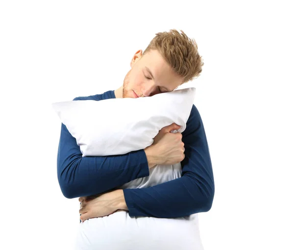 白い背景に枕を持つ眠い男 — ストック写真